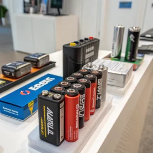 A display of various batteries, including 9V and other types, arranged on a table at an exhibition setting.