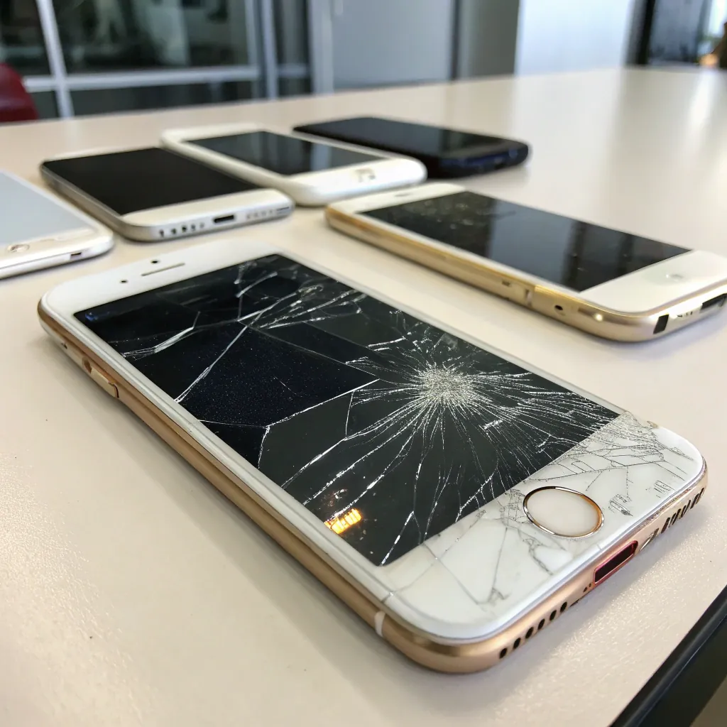 Several broken smartphones with cracked screens and damaged edges displayed on a desk.
