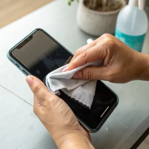 Hands cleaning a smartphone screen with a cloth, placed on a table with a spray bottle in the background.
