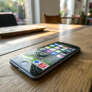 Smartphone with cracked screen lying on a wooden table, displaying apps. Sunlight illuminates the device in a bright room.