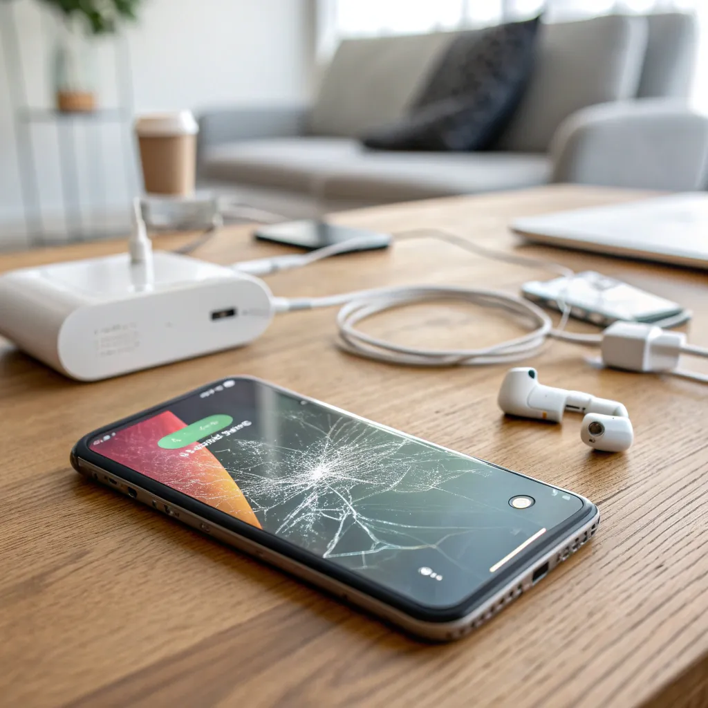 A smartphone with a cracked screen lies on a wooden table next to earbuds, a charger, and a connected cable. Background includes a coffee cup and couch.