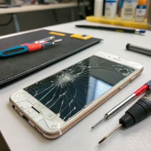 A cracked smartphone lying on a table surrounded by repair tools, including screwdrivers and protective accessories, in a repair setting.