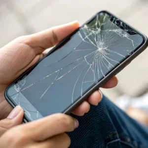 Hand holding a smartphone with a visibly cracked screen, displaying damage across most of the glass surface.