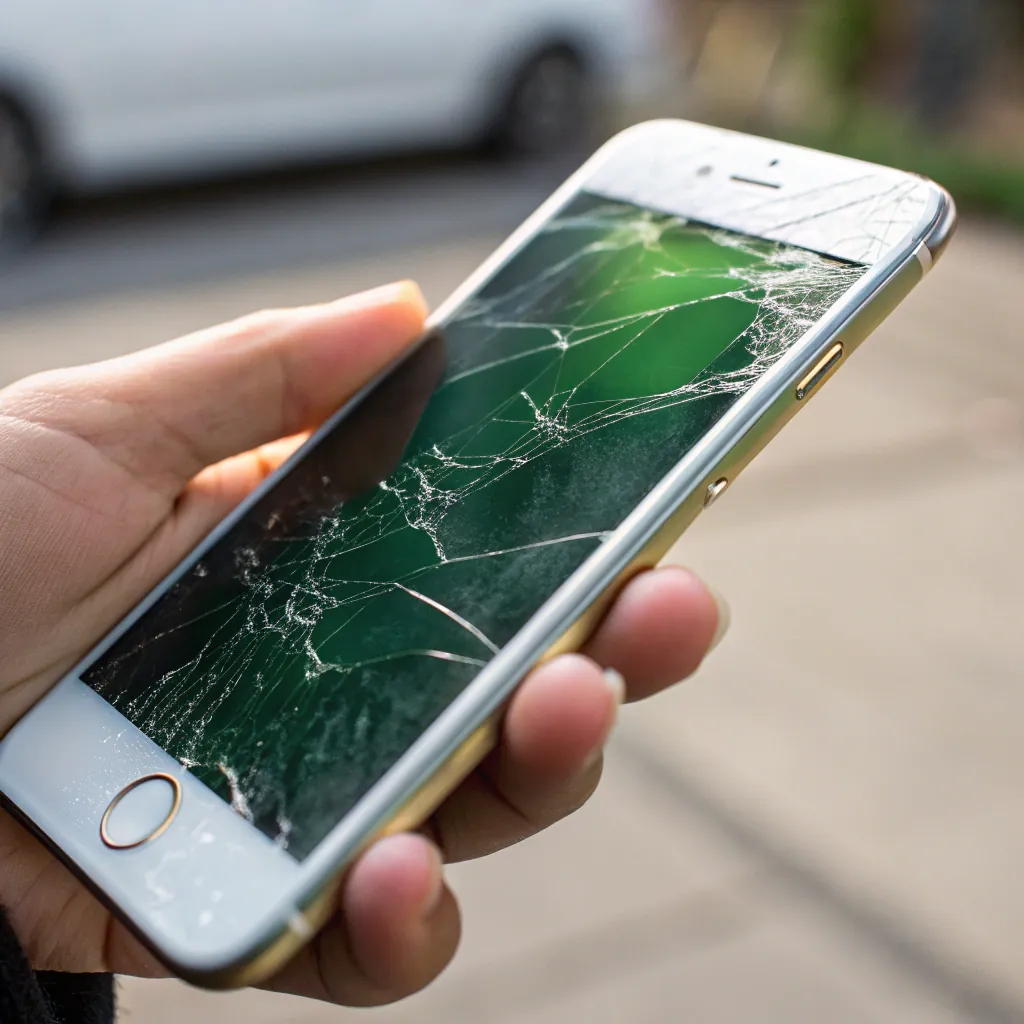 A close-up image of a hand holding a smartphone with a cracked screen. The background is slightly blurred, showing an outdoor setting.