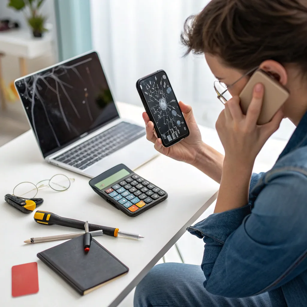 Person holds a damaged smartphone at a desk with a broken laptop. Nearby are a calculator, glasses, and office supplies.