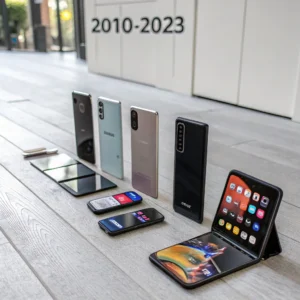 A row of smartphones from 2010 to 2023, showcasing their design evolution. Modern models include dual screens and foldable displays.