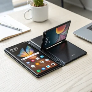 Two foldable electronic screens open on a wooden desk, showcasing vibrant displays, with a notebook, pen, and laptop nearby.