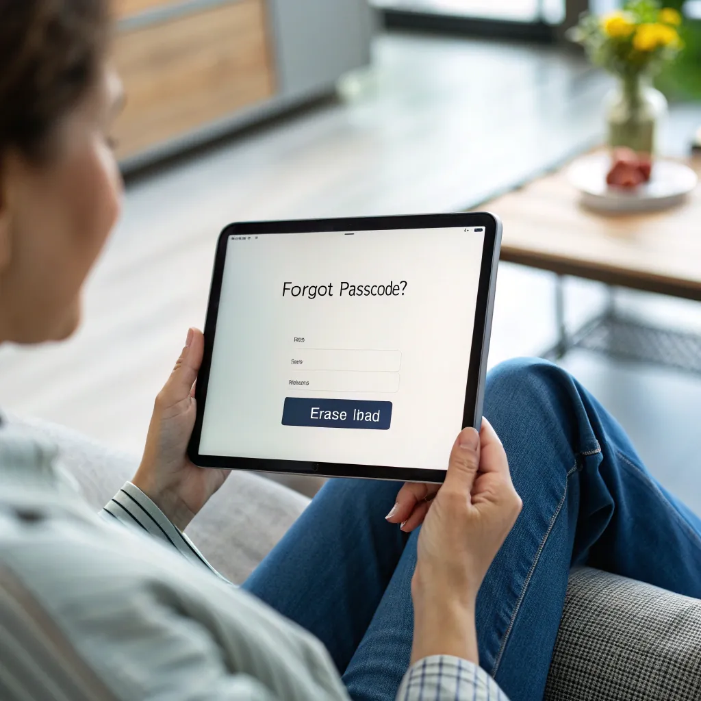 A woman sitting on a couch holding a tablet displaying a 'Forgot Passcode?' screen, with the option to erase the device highlighted.