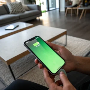 A person holds a smartphone displaying a green app screen in a modern living room with a sofa and coffee table.