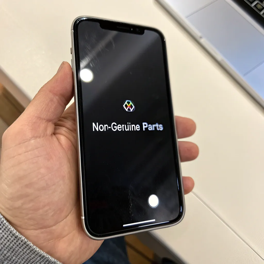 A hand holding an iPhone showing a 'Non-Genuine Parts' warning message on the screen.