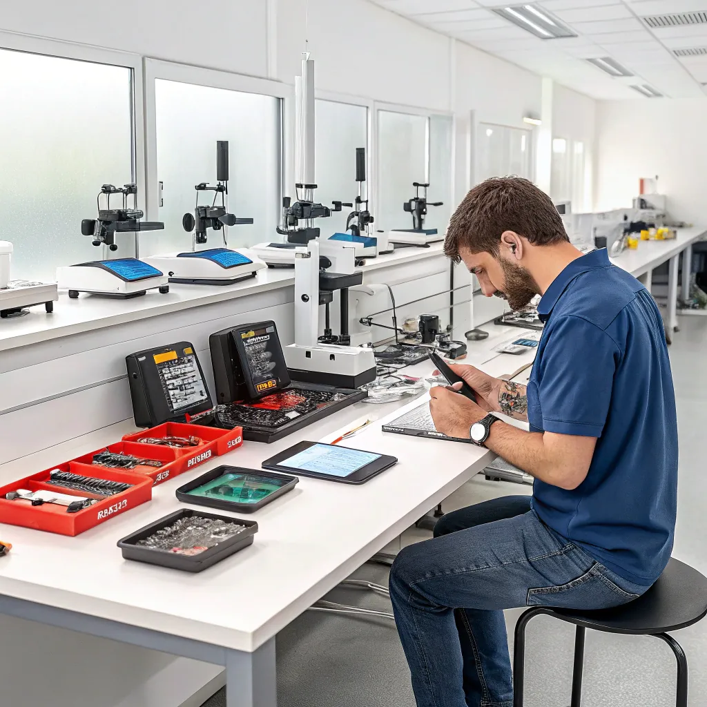 Person working at a laboratory workstation with various measurement and calibration tools, red trays with components, and digital tablets on a long white bench.