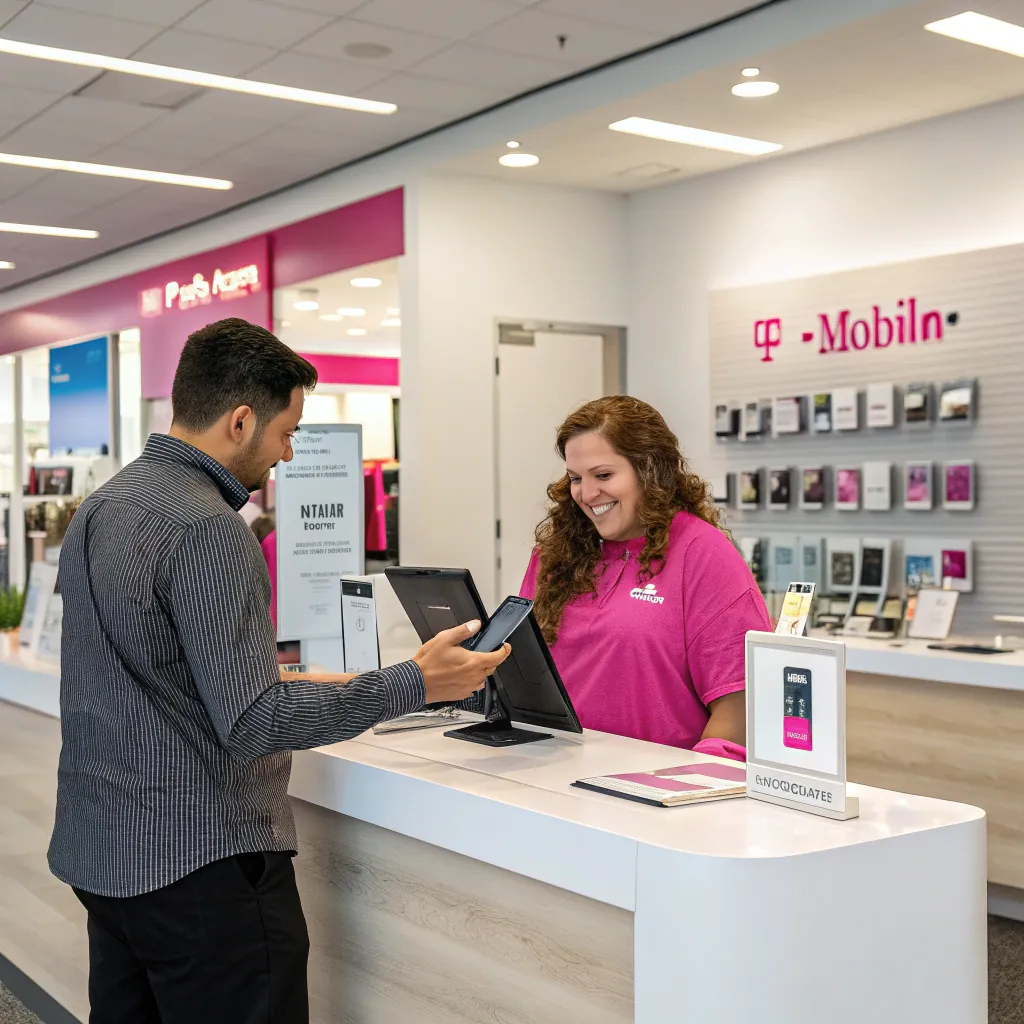 Person using smartphone at a counter in a mobile phone store, interacting with staff. Shelves display phone accessories.