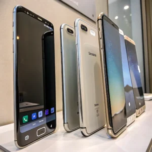 Five smartphones displayed vertically on a table, showcasing various models and designs with reflective screens and sleek finishes.