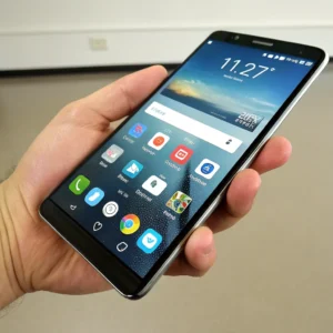 A person holding a smartphone displaying various app icons and a home screen with the time shown as 11:27.