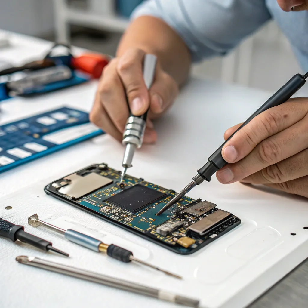 Close-up of hands soldering smartphone components on a circuit board using precision tools on a white table.