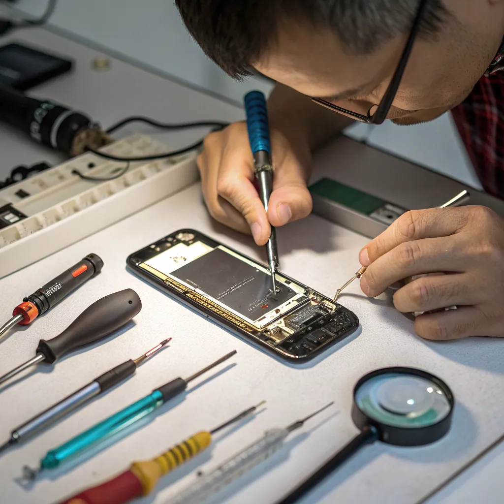A person uses tools to repair a smartphone on a workbench, surrounded by various screwdrivers and an inspection glass.