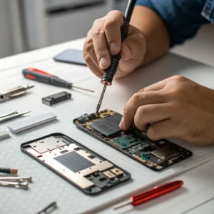 A technician using a soldering iron to repair a smartphone circuit board on a table with tools spread around.