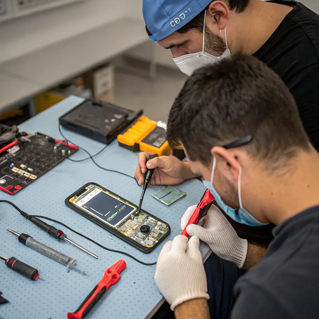 Two individuals work on a smartphone repair at a workbench, using precision tools and wearing gloves. Various tools are scattered around.