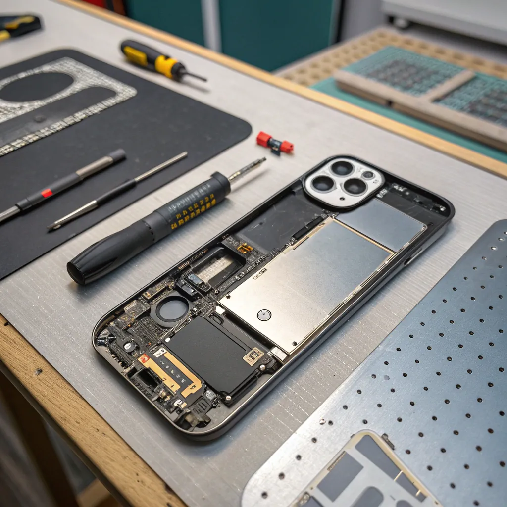 Disassembled smartphone with tools on a workstation, showcasing internal components and repair set up.