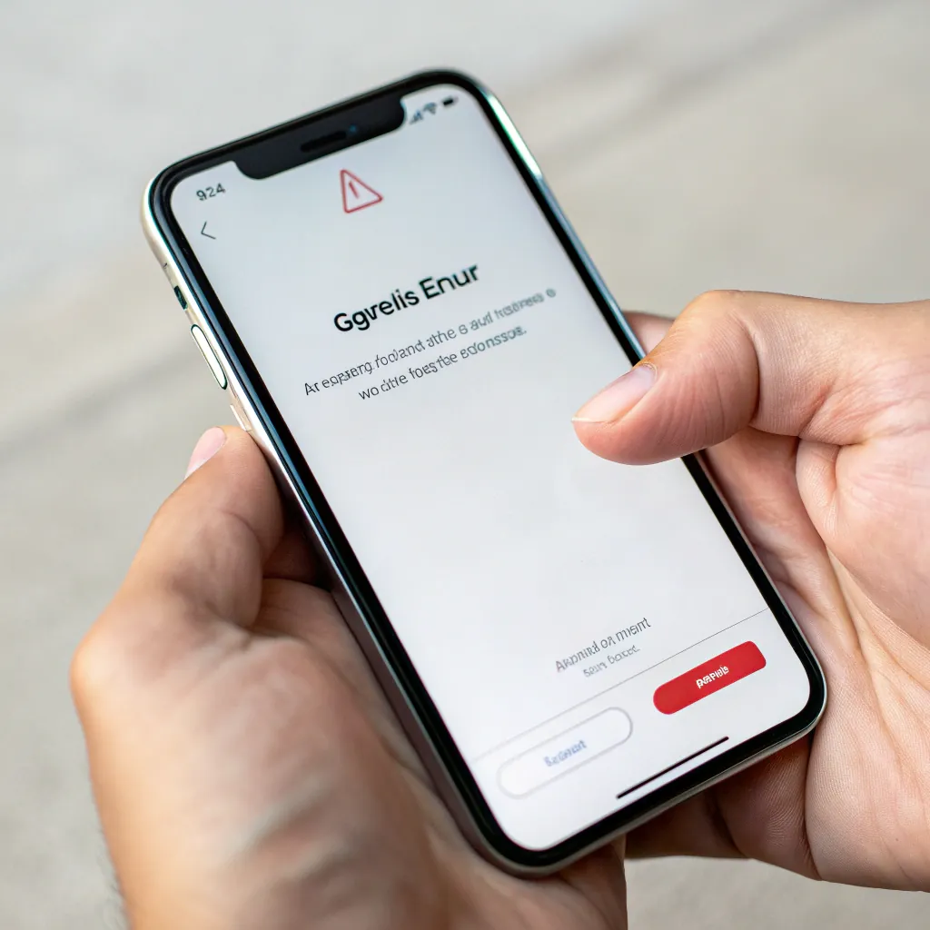 Close-up of hands holding a smartphone displaying a warning message on the screen with a prominent red alert icon at the top.