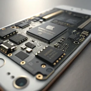 Close-up view of a smartphone's internal circuit board, with visible microchips and circuits mounted on it.