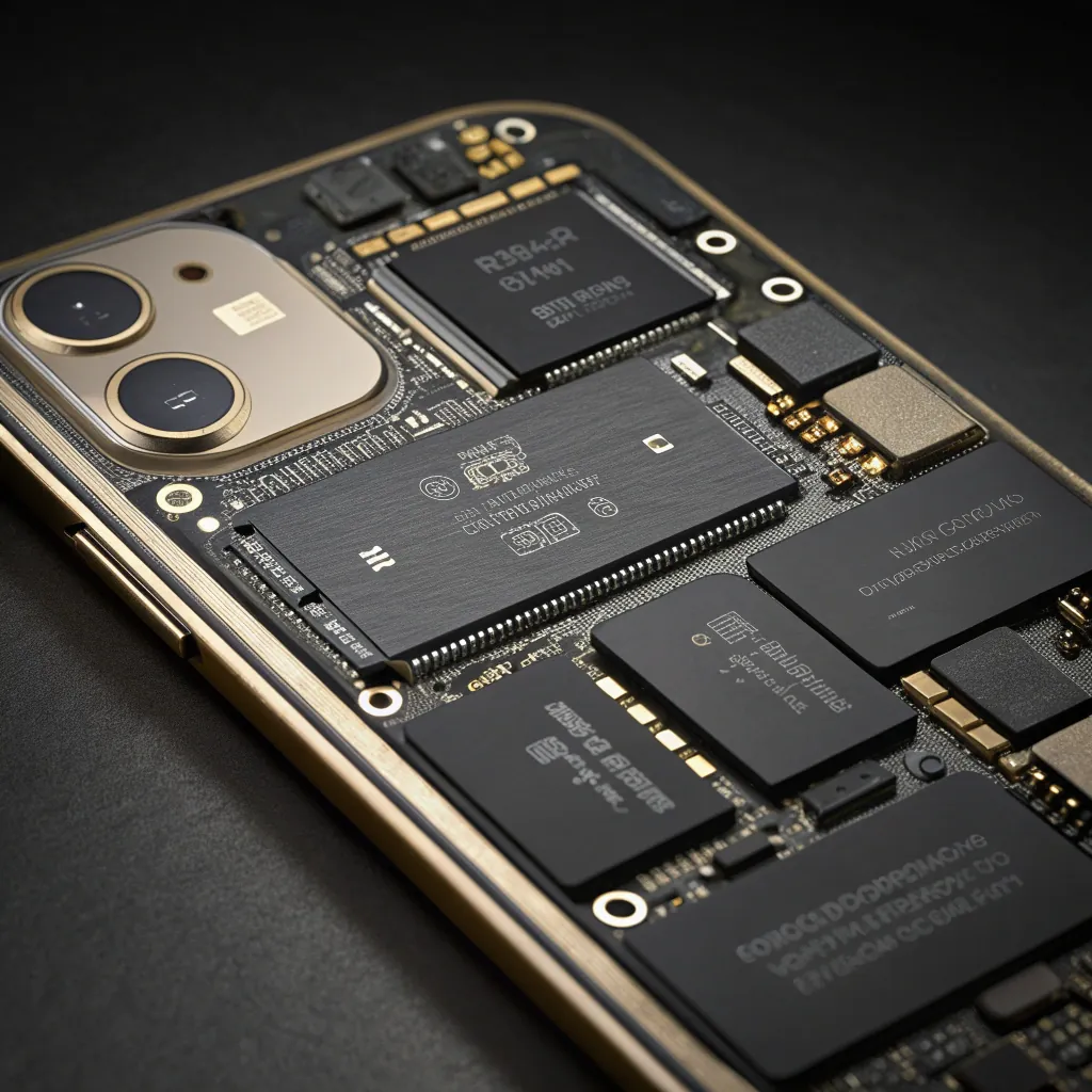 Close-up view of a smartphone's internal circuit board showcasing microchips and components in a detailed arrangement.