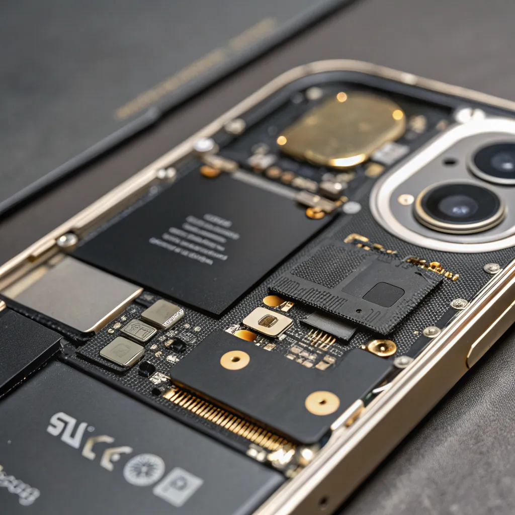 Close-up of smartphone's internal components showing circuit board and dual camera setup.