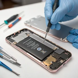 A person wearing blue gloves using a screwdriver to replace a smartphone battery on a table with various tools around.