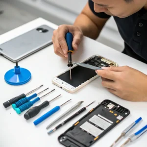 Technician using tools to repair a smartphone on a white table, with various screwdrivers and phone parts laid out.