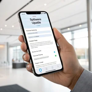 Hand holding a smartphone showing a software update screen, with blurry background of a bright modern office.