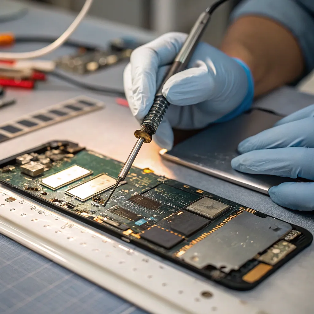 Gloved hands soldering a circuit board with a precision iron, focusing on electronic components in a workshop setting.