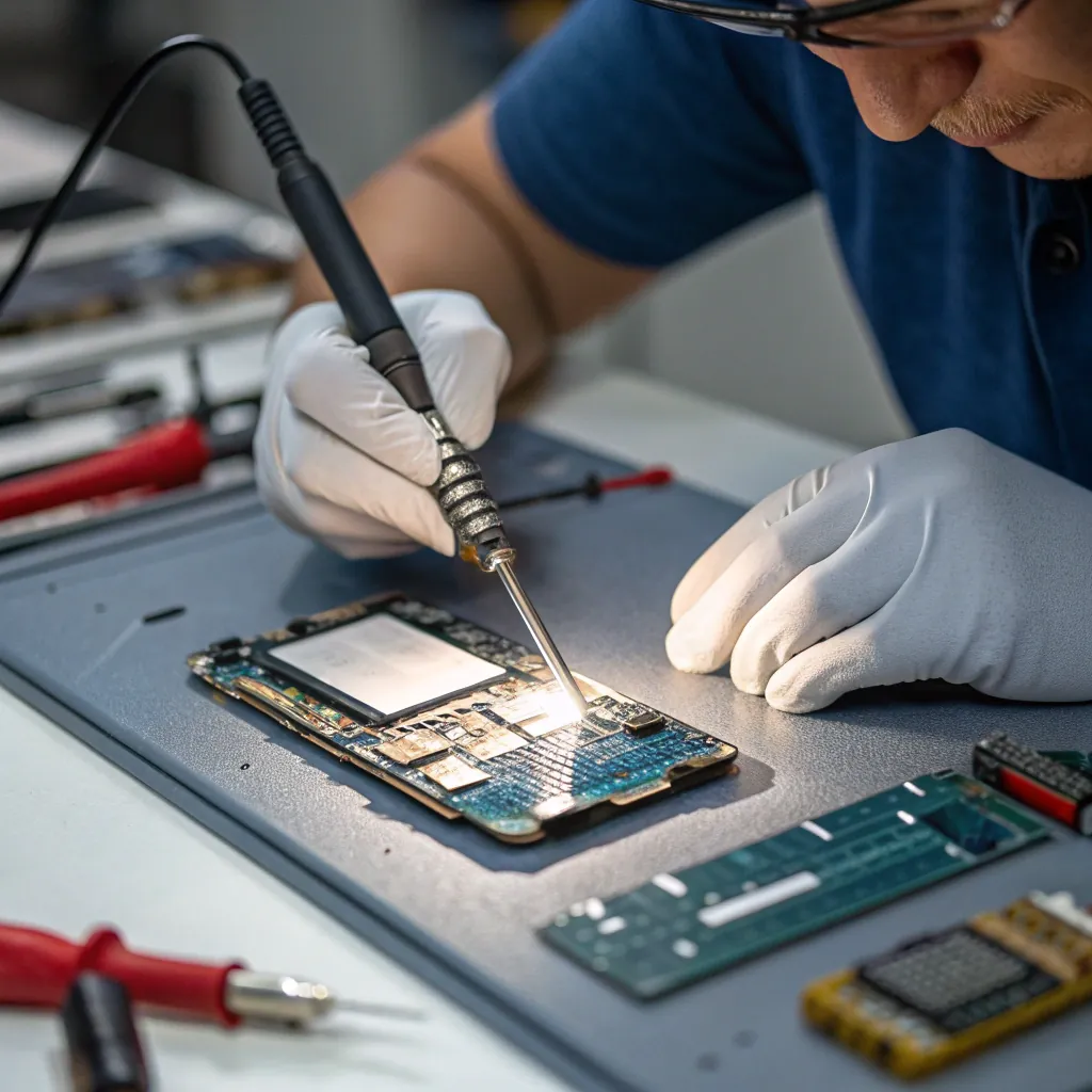 A technician wearing gloves soldering an electronic circuit board with precision using a soldering iron.