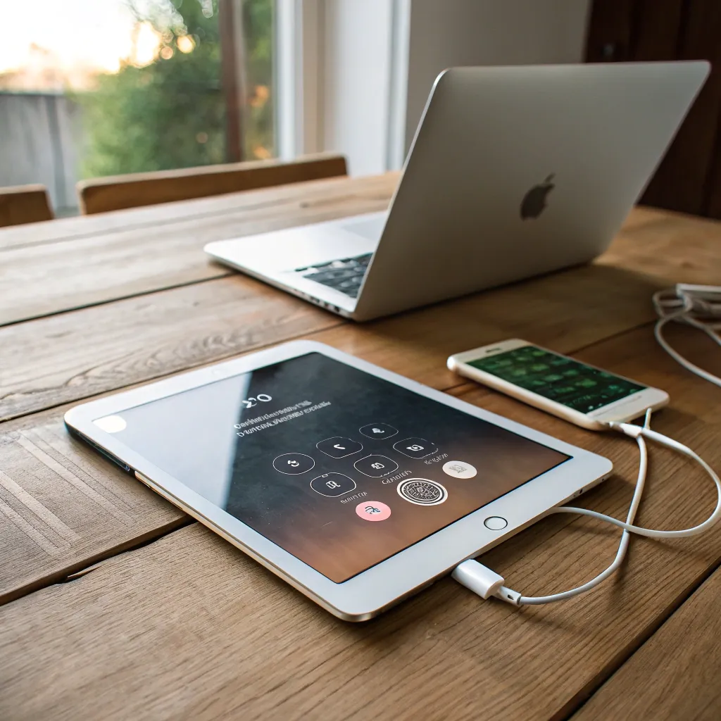 Tablet and smartphone charging on wooden table with open laptop nearby, in a well-lit room.