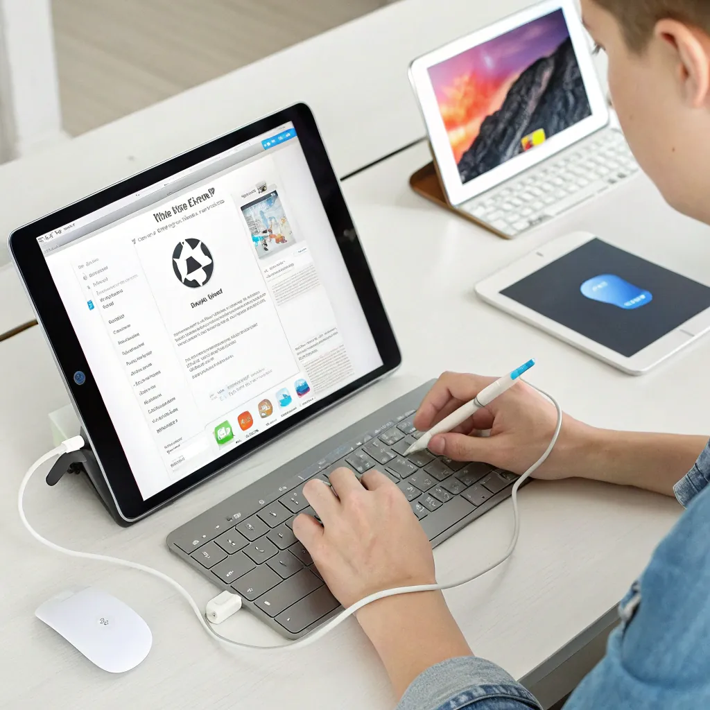 Person using a keyboard and stylus pen connected to a tablet on a desk, with another tablet and mouse nearby.