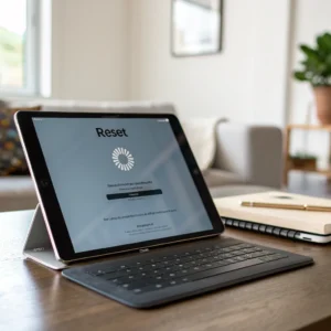 Tablet displaying a reset screen on a wooden desk, with a keyboard, notebook, and pen, in a neatly arranged living room.