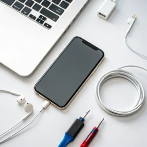 Flatlay of tech items including a smartphone, a laptop, earphones, charging cables, and connectors on a white surface.